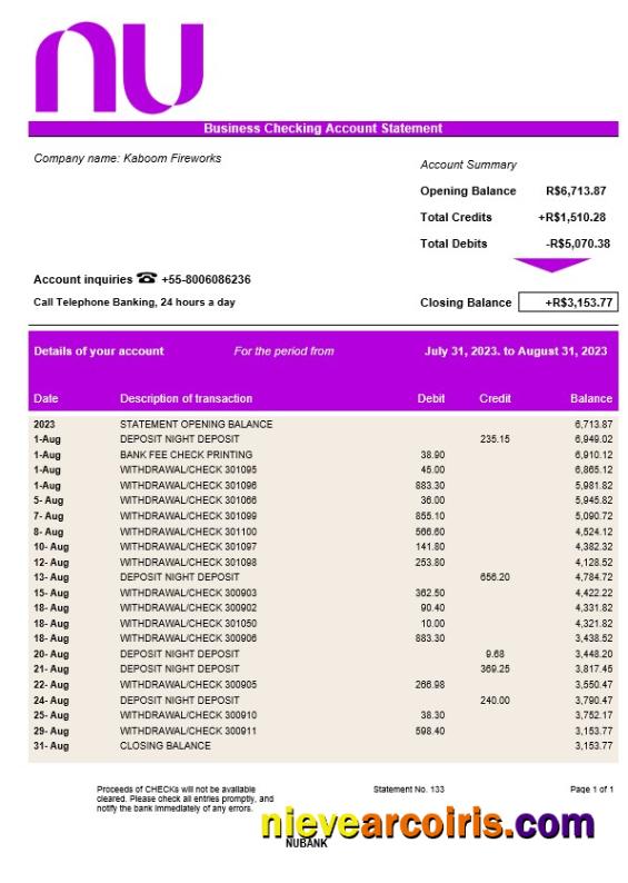 Nubank corporate checking account statement